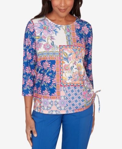 Alfred Dunner Petite The Royal Treatment Geometric Floral Tie Ruched Top