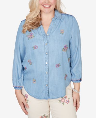 Alfred Dunner Petite Beachcomber Floral Embroidered Button-Front Top