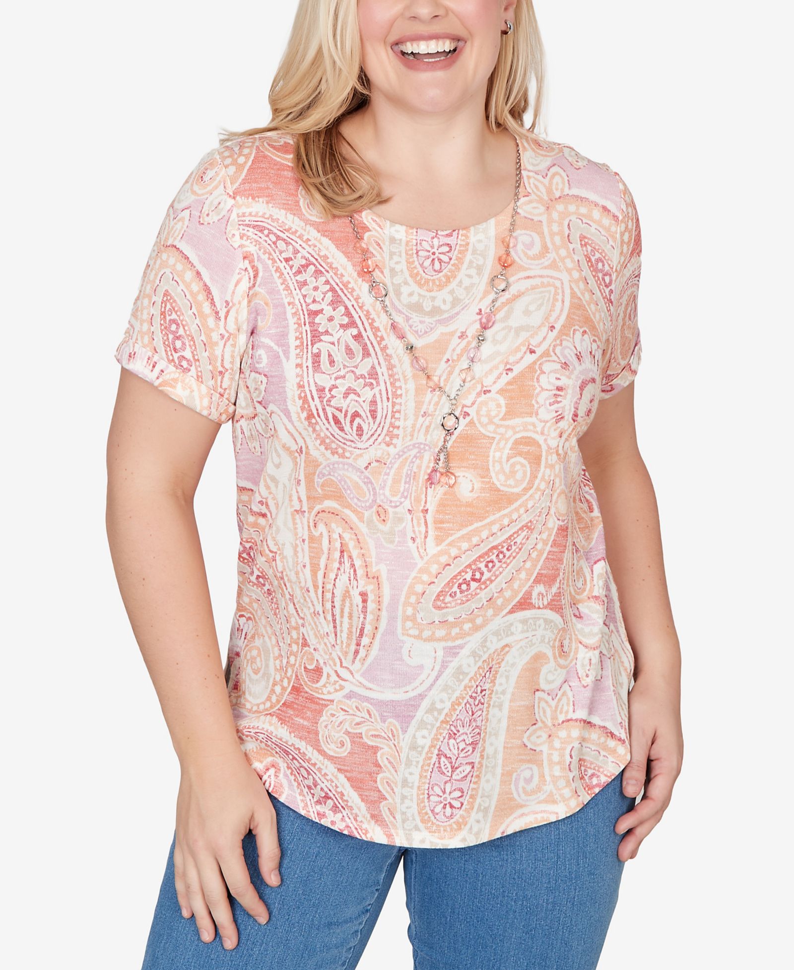 Alfred Dunner Petite Beachcomber Paisley Short-Sleeve T-Shirt with Necklace