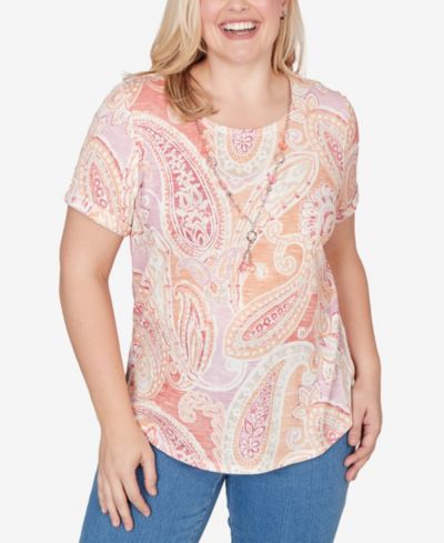 Alfred Dunner Petite Beachcomber Paisley Short-Sleeve T-Shirt with Necklace
