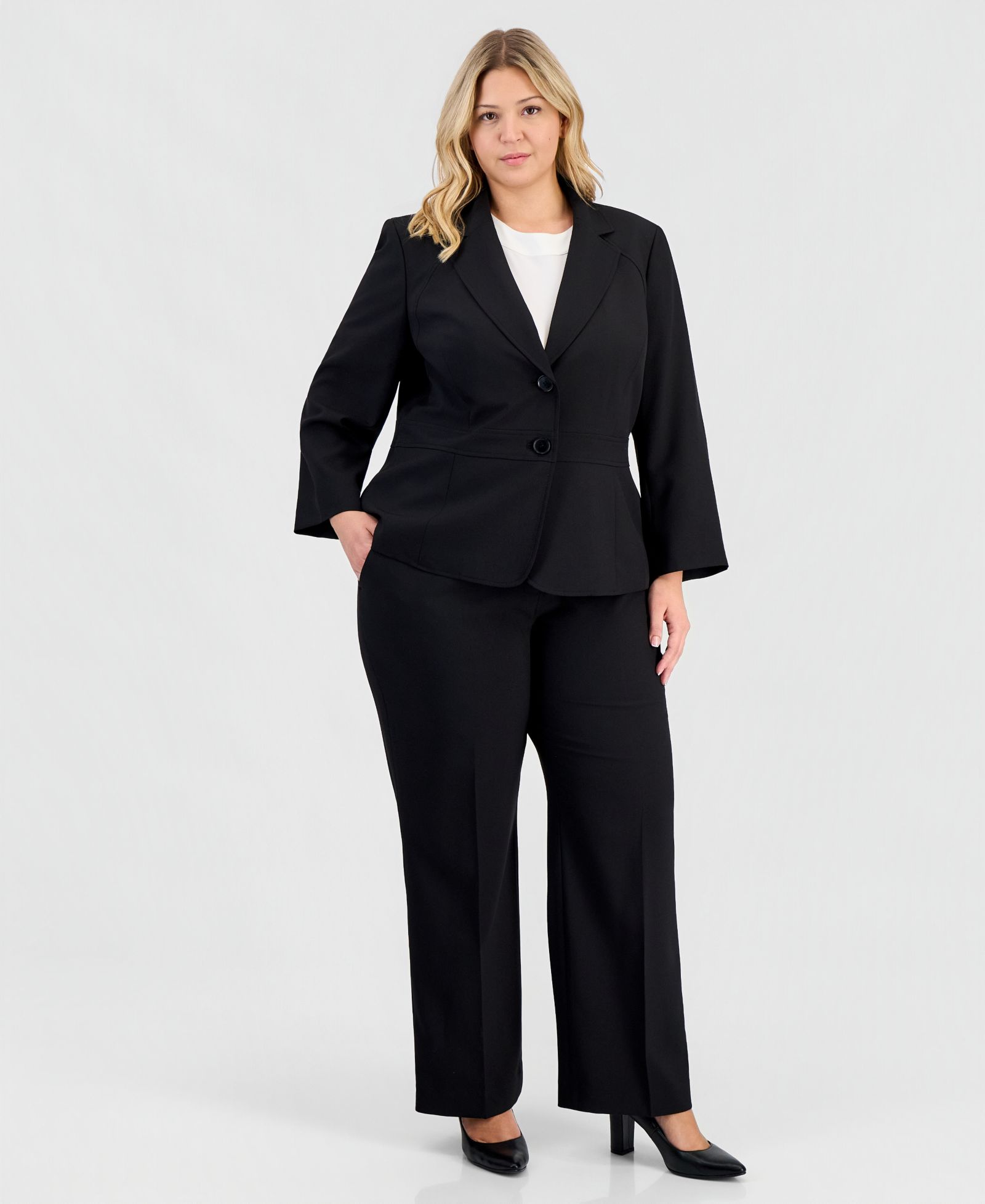 Le Suit Plus Size Two-Button Waist-Inset 2 Piece Pantsuit