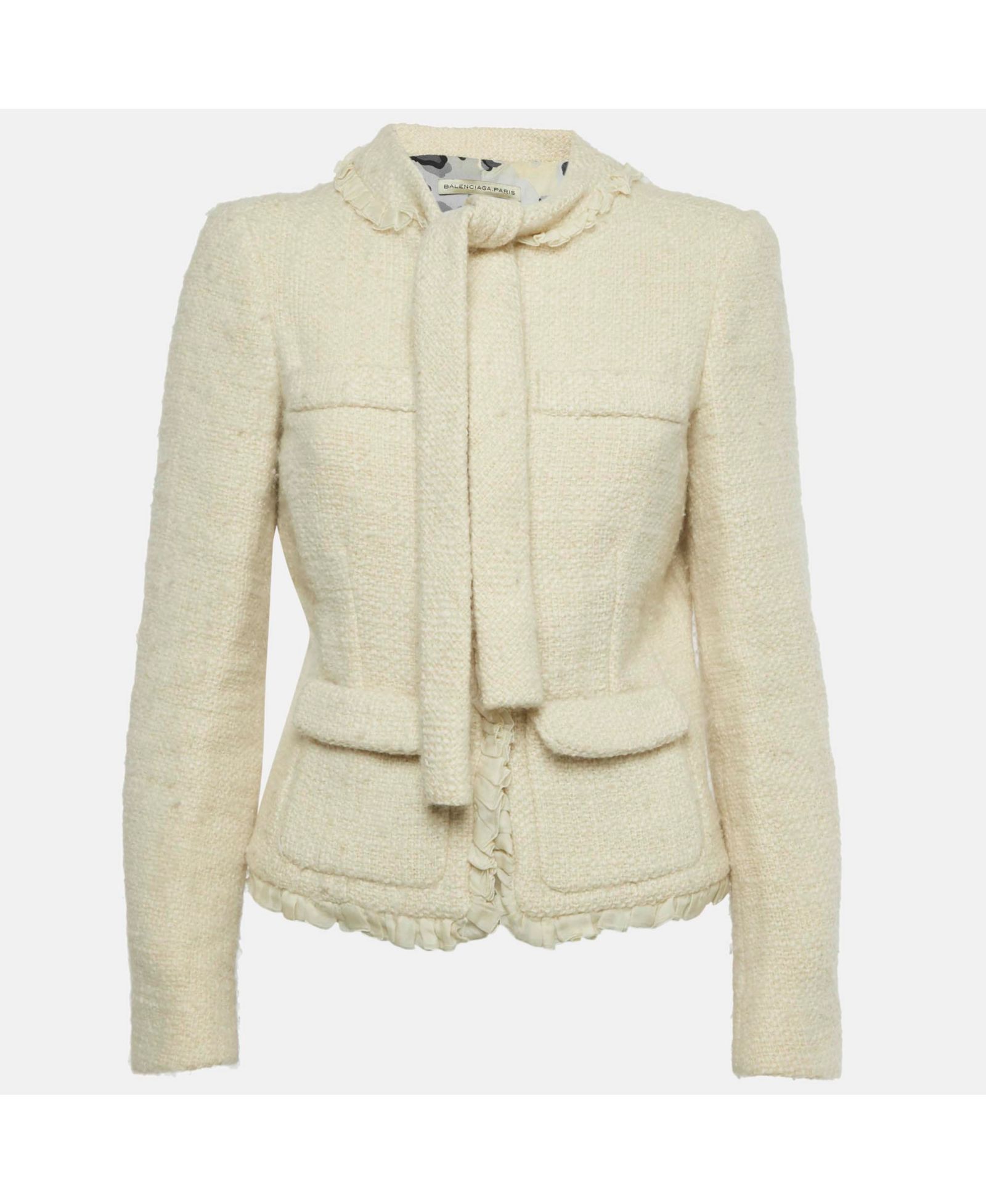 Pre-Owned Balenciaga Women's Cream Tweed Ruffled Tie-Up Neck Detail Jacket