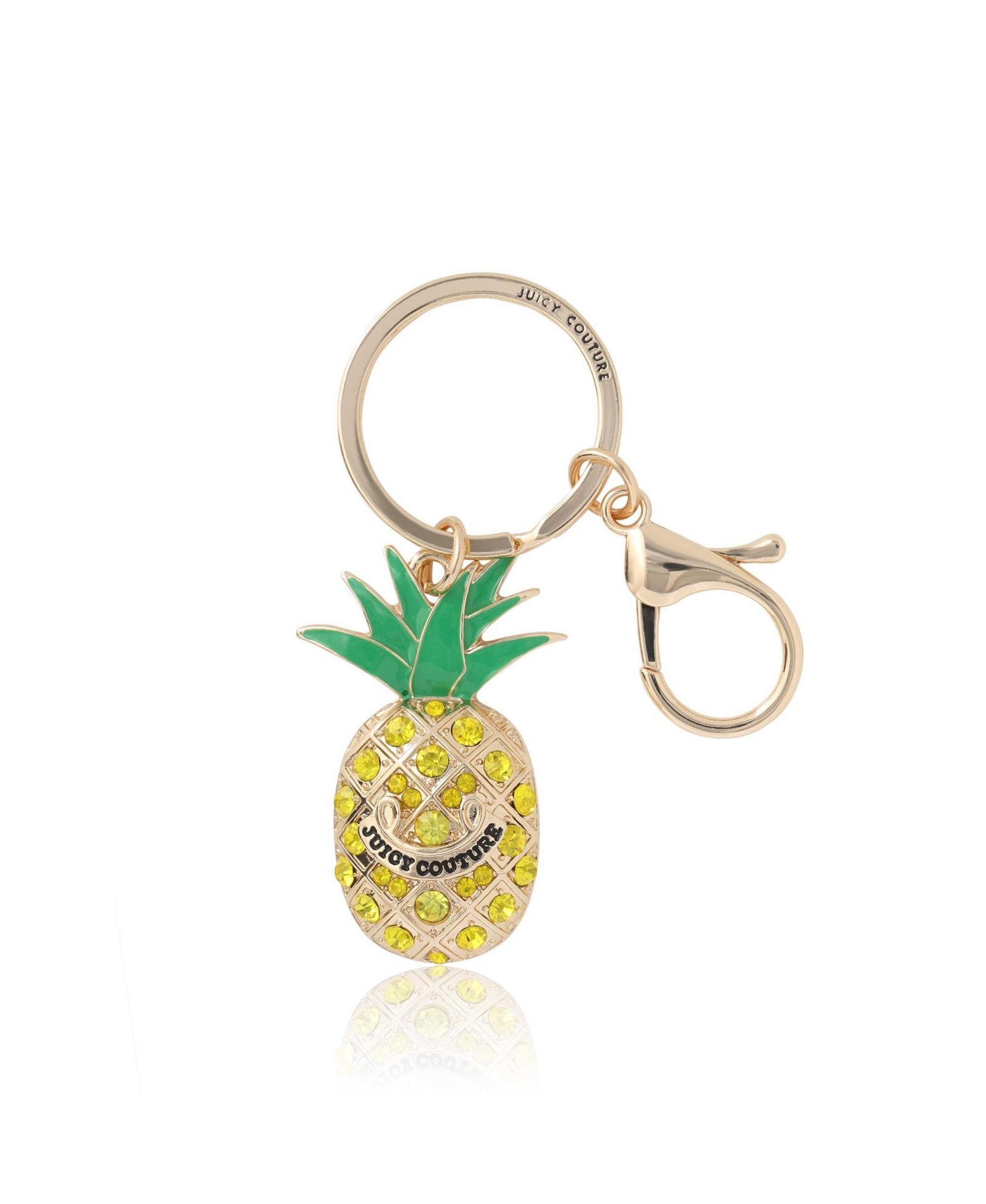 Juicy Couture Crystal Pineapple Keychain, Gold Tone with Green Enamel Leaves