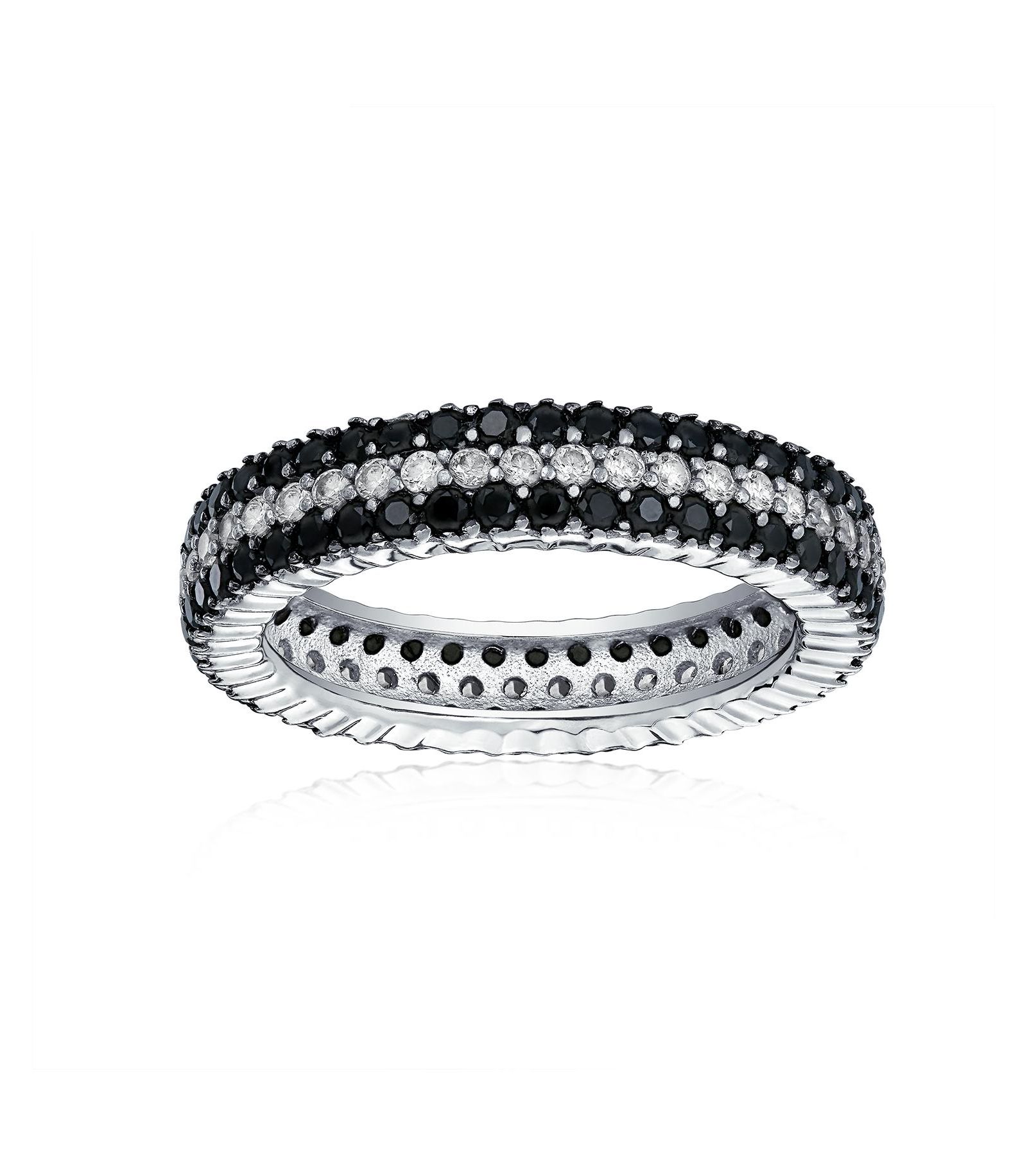 Bling Jewelry Cubic Zirconia 3 Row Pave Stripe CZ Statement Black and White Eternity Band Ring .925 Sterling Silver