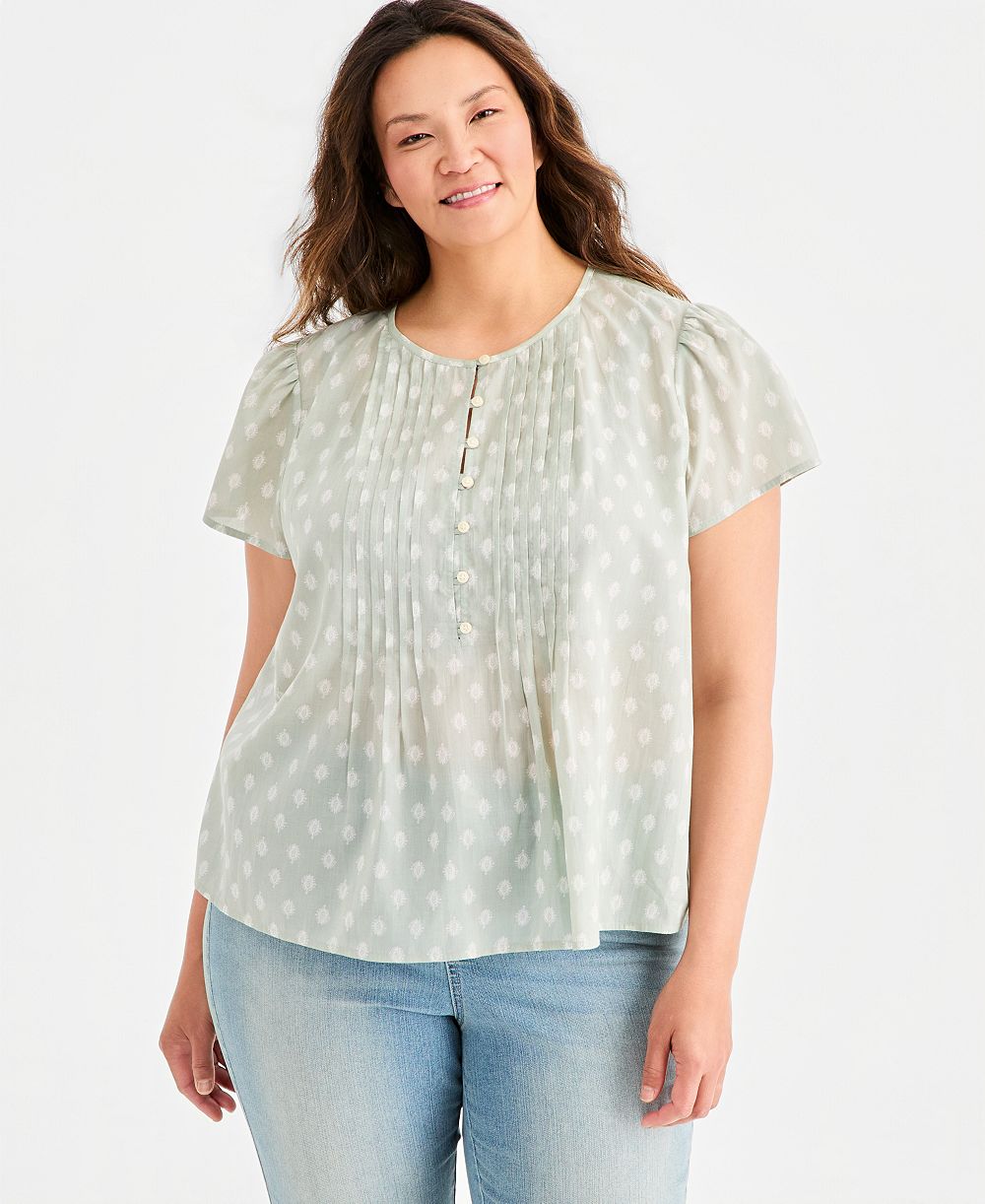 Женский топ Style & Co Plus Size Printed Cotton Pintuck Flutter-Sleeve