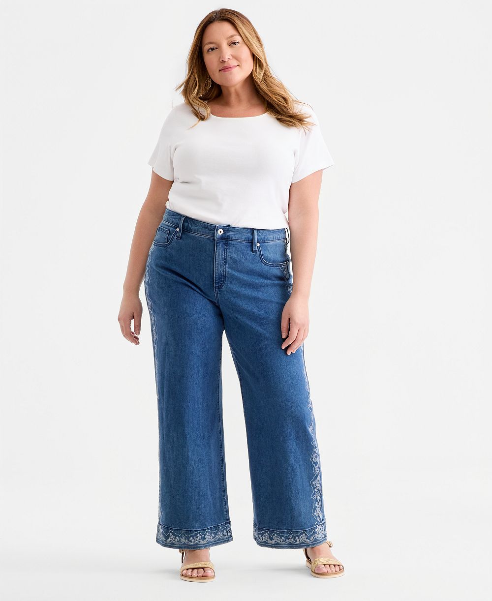 Style & Co Plus Size Printed High-Rise Five-Pocket Wide-Leg Jeans, Macy's Exclusive