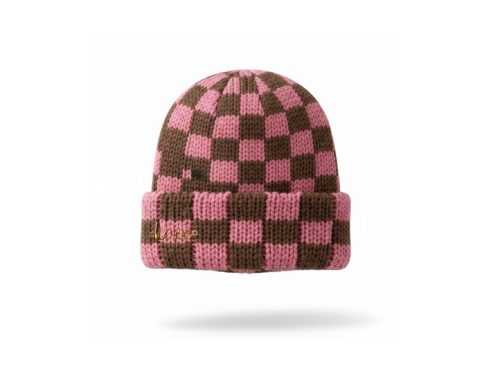 Headbands of Hope Women's Two-Tone Checkerboard Knit Beanie - Pink + Brown