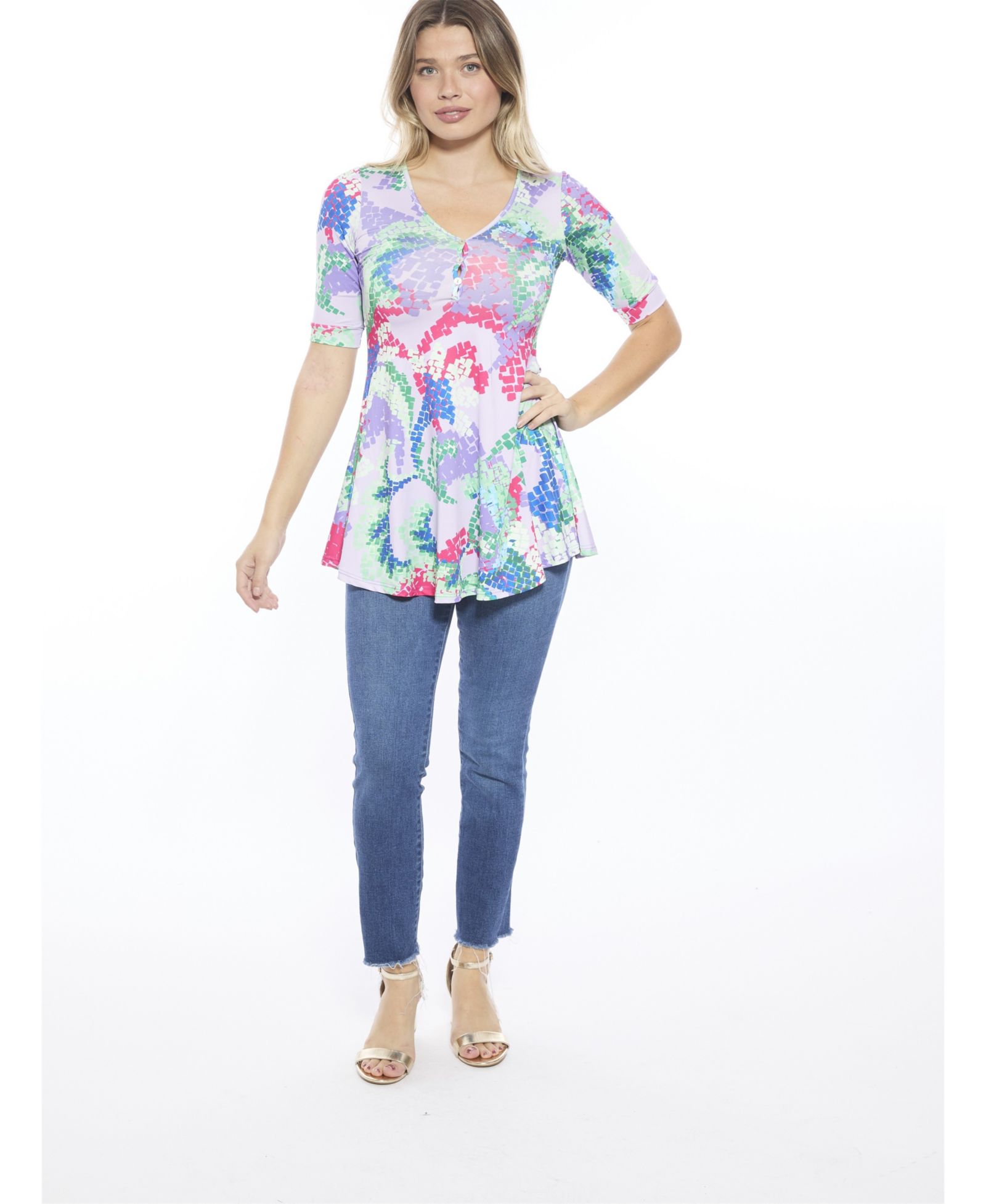 24seven Comfort Apparel Women's Abstract V-Neck Elbow Sleeve Henley Tunic Top