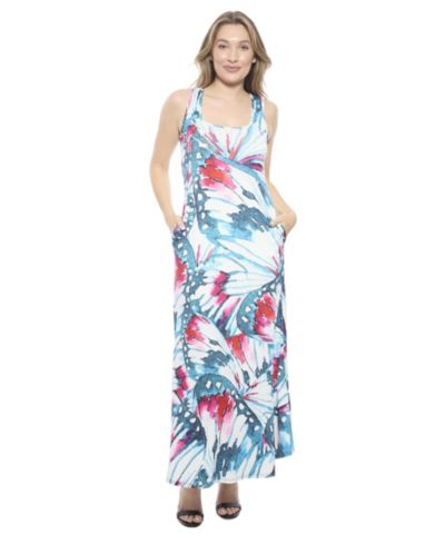 24seven Comfort Apparel Women's Butterfly Sleeveless Scoop Neck A-Line Pocket Maxi Dress