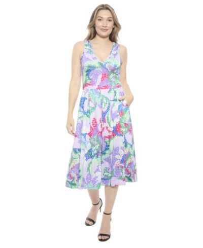 24seven Comfort Apparel Women's Abstract V-Neck Sleeveless Pleated Pocket Midi Fit N Flare Dress