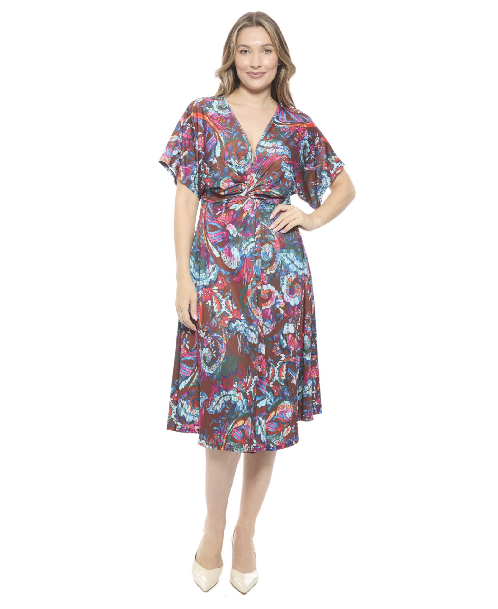 Женское платье 24seven Comfort Apparel Abstract V-Neck Short Dolman Sleeve Twist Front A-Line Midi