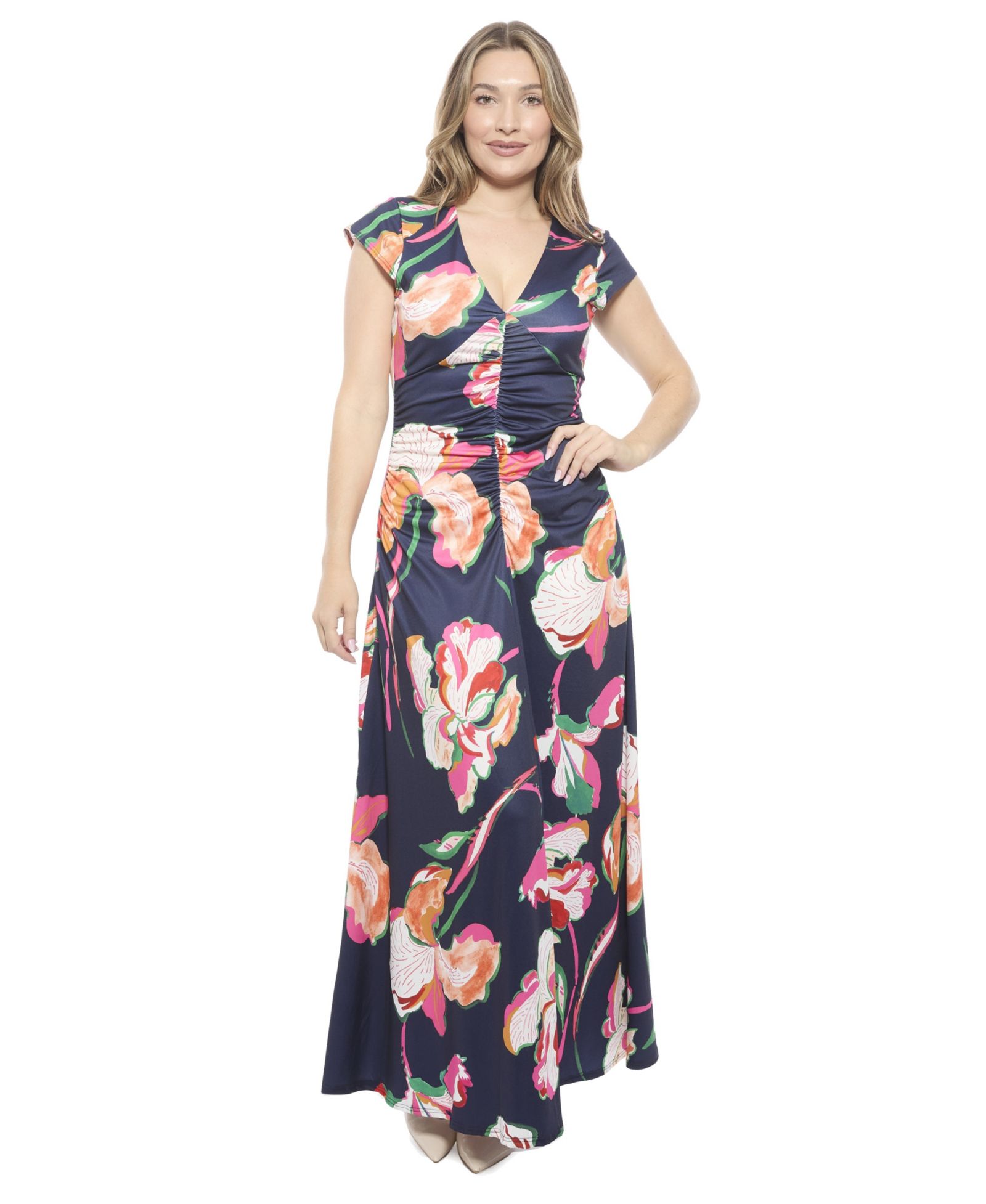 Женское платье 24seven Comfort Apparel Floral V-Neck Cap-Sleeve Ruched Front Maxi Length
