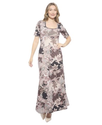 24seven Comfort Apparel Women's Paisley Scoop Neck Elbow Sleeve A-Line Maxi Dress
