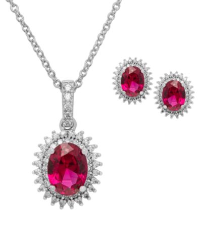 Macy's 2-Piece Lab Grown Ruby (2.70 ct. t.w.) & White Sapphire (0.61 ct. t.w.) Halo Oval Necklace and Earrings Set in Sterling Silver