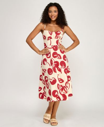 KATIA RAE Juniors' Cherry Printed Sweetheart Neck Midi Dress