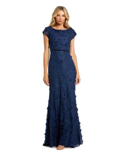 Mac Duggal Женское Floral Applique Boat Neck Short Sleeve Gown
