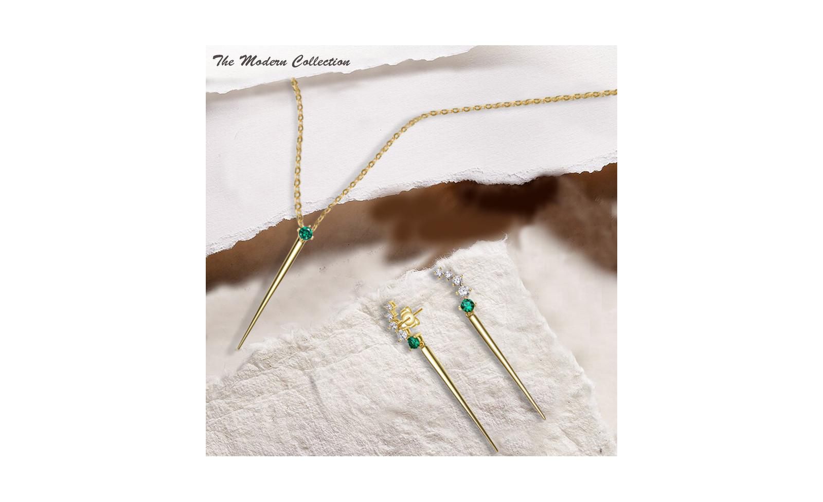 Genevive 14K Gold Plated Sterling Silver Green Linear Necklace and Earring Set