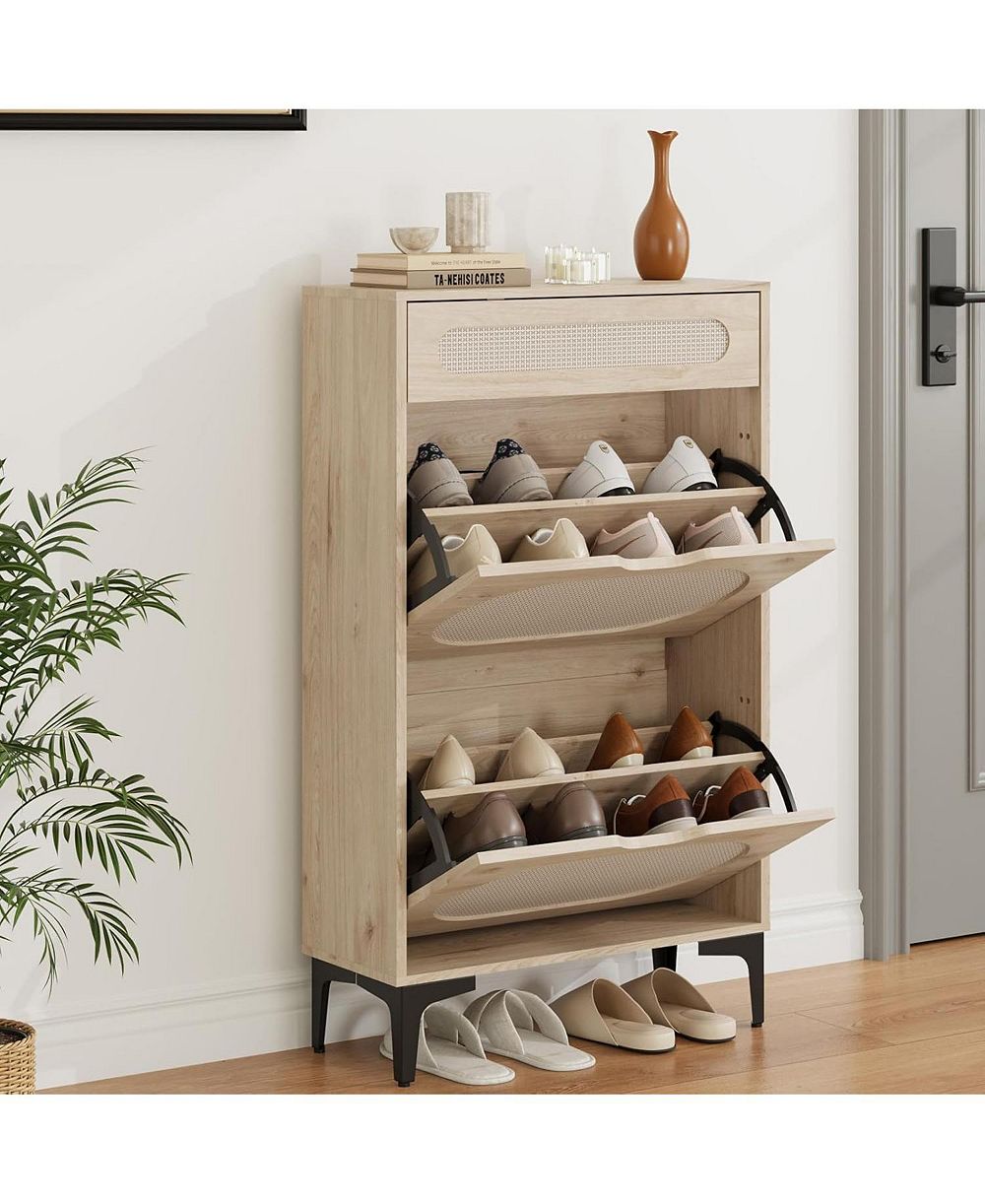 gaomon Rattan Shoe Cabinet with 2 Flip Drawers & 1 Pull-Out Drawer – Free-Standing Shoe Storage Cabinet with 3-Position Adjustable Shelf