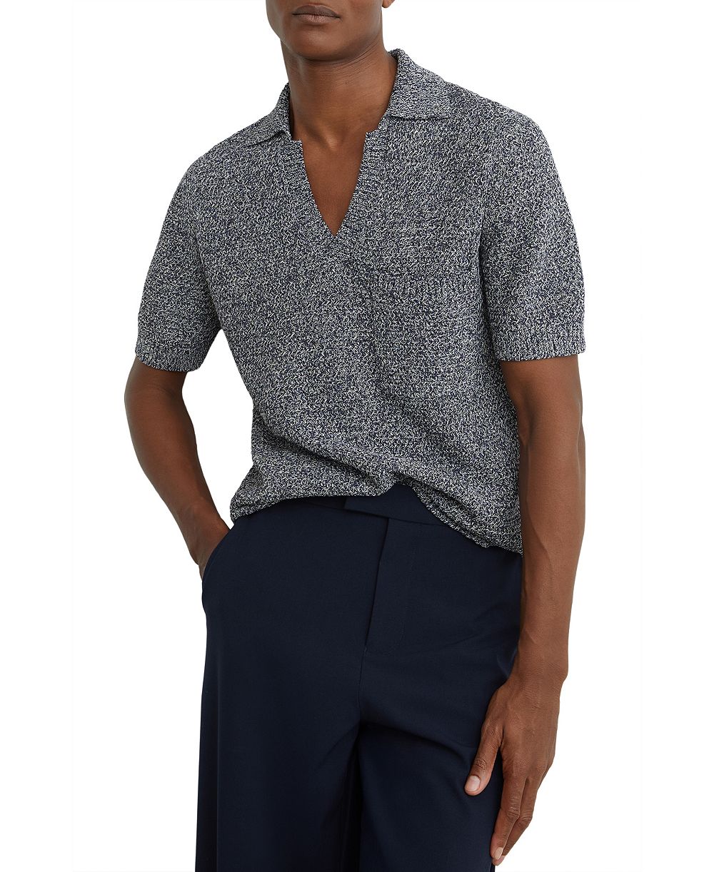 REISS Men's Owen Speckle-Knit Open-Collar Polo Shirt
