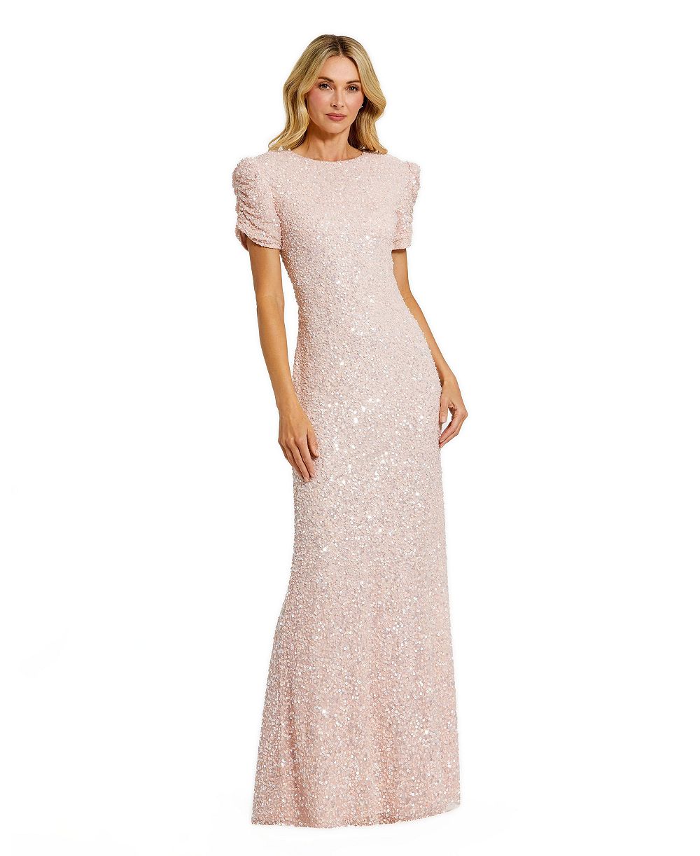 Mac Duggal Платье Petite Embellished Mesh High Neck Puff Sleeve Gown