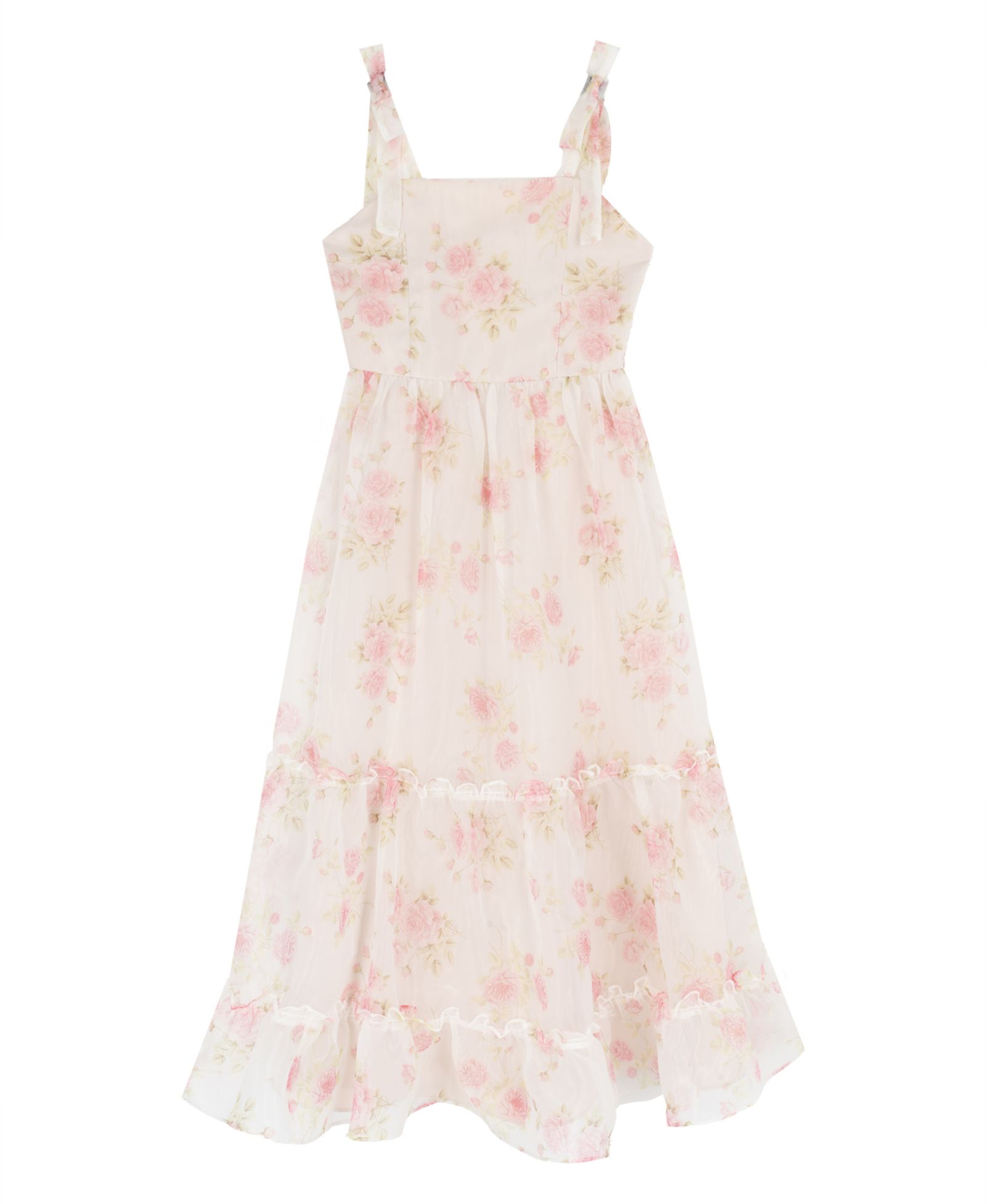 Женское платье Rare Editions 7-16 Printed Floral Organza 3-Tier Tie Straps Maxi