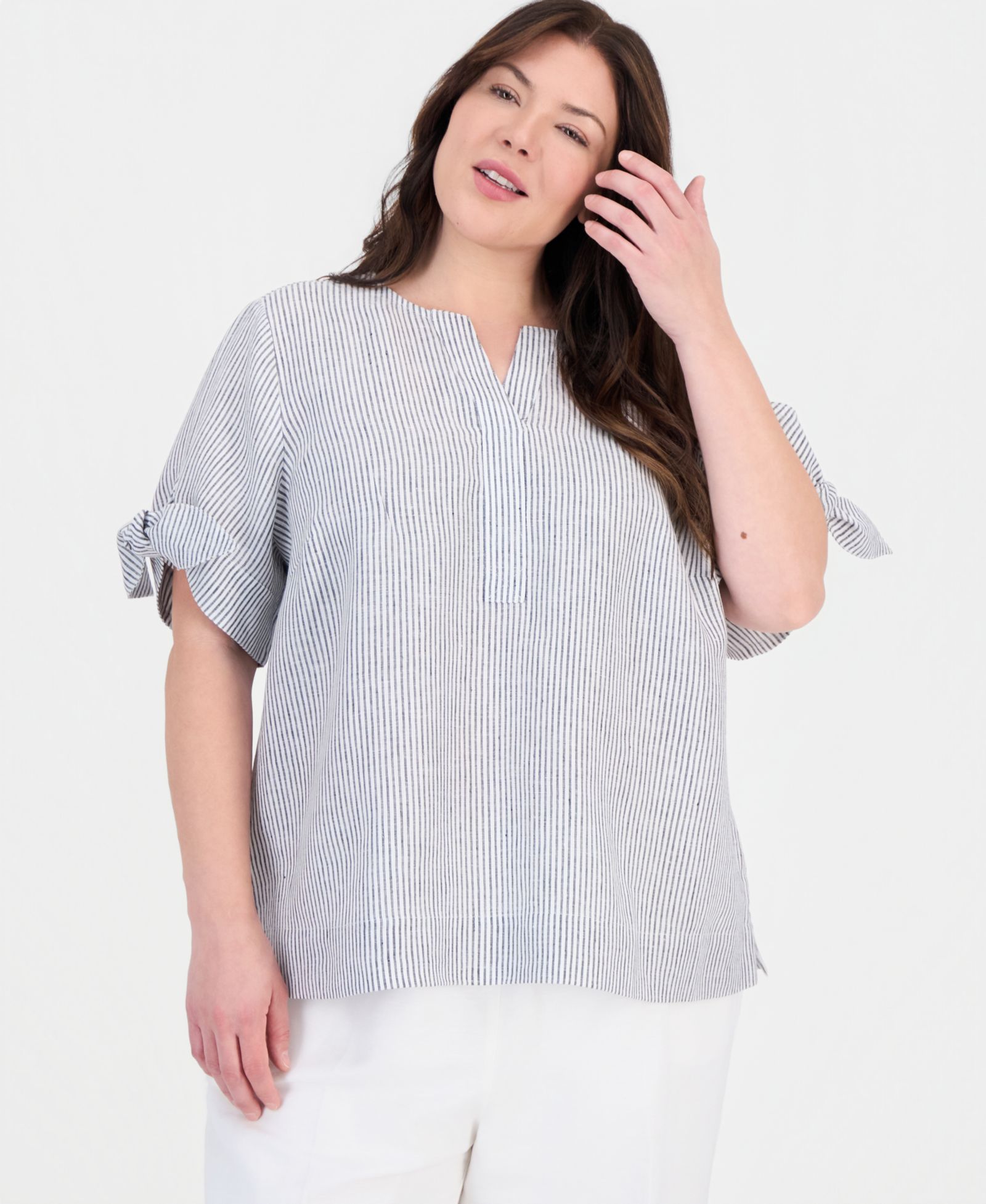 Топ Charter Club Plus Size 100% Linen Split-Neck Tie-Cuff