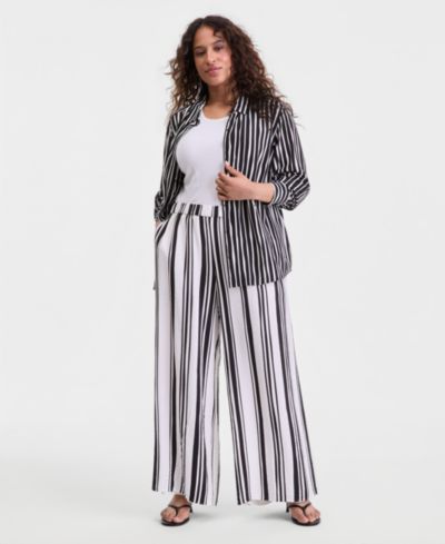 I.N.C. International Concepts Plus Size Striped High-Rise Wide-Leg Pants, Macy's Exclusive