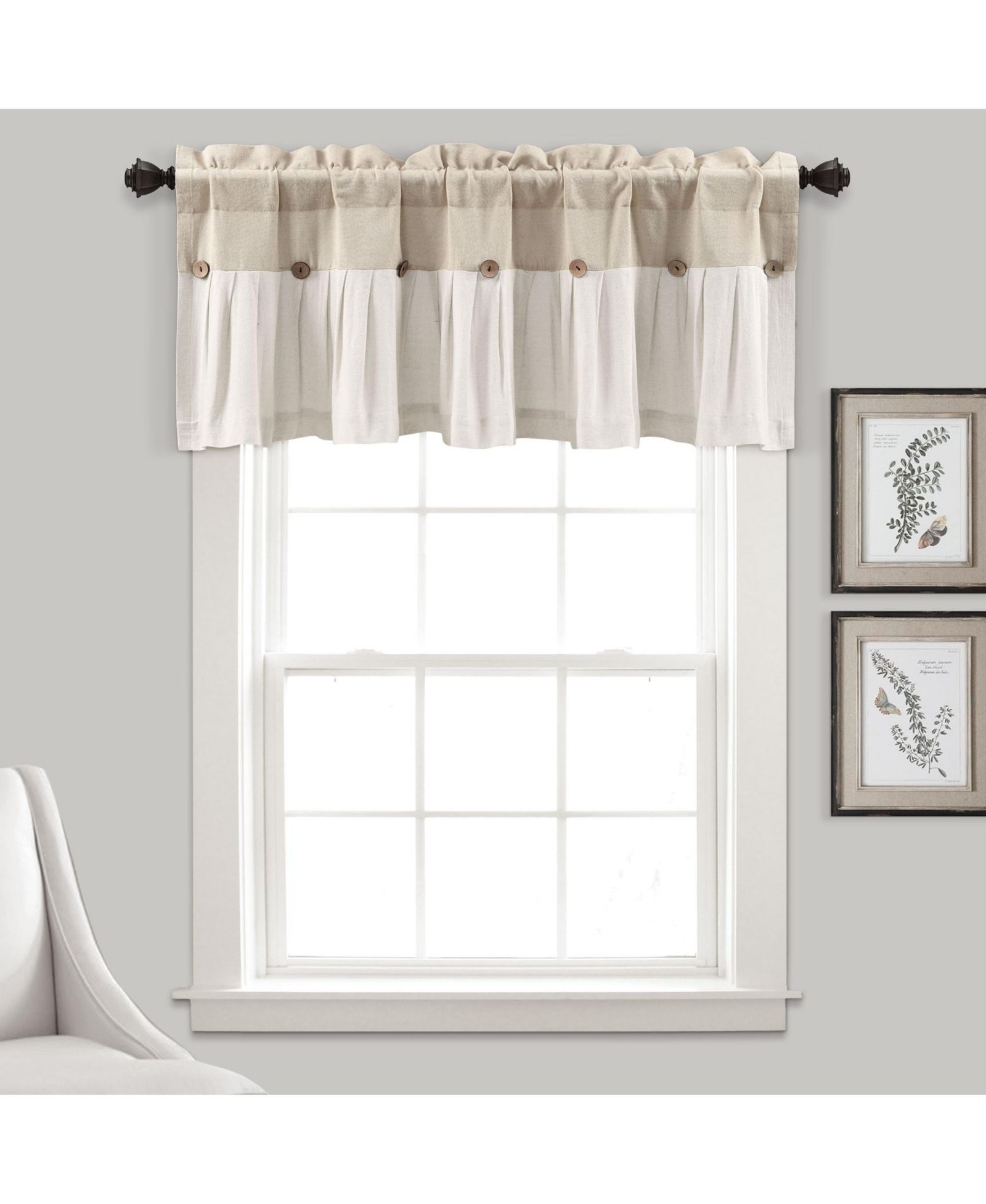 Lush Decor Linen Button Farmhouse Valance, Linen - Kitchen Curtains Valances,  Block Design With Husk Button