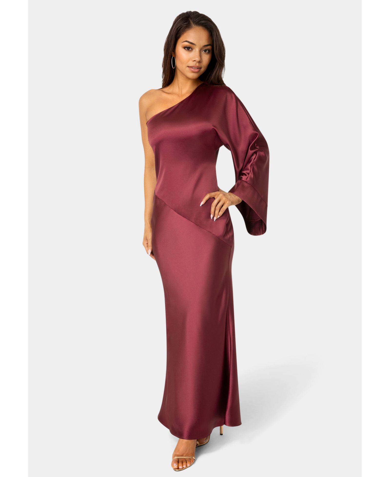 Bebe Womens One Shoulder Bell Sleeve Satin Dress