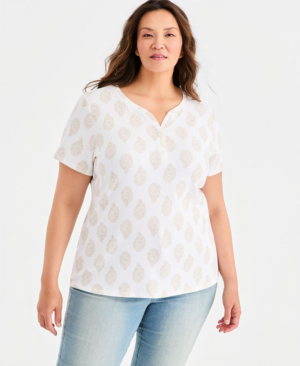 Style & Co Plus Size Printed Short-Sleeve Henley Top, Macy's Exclusive