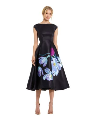 Женское атласное миди-платье Mac Duggal с цветочным принтом и коротким рукавом, Petite