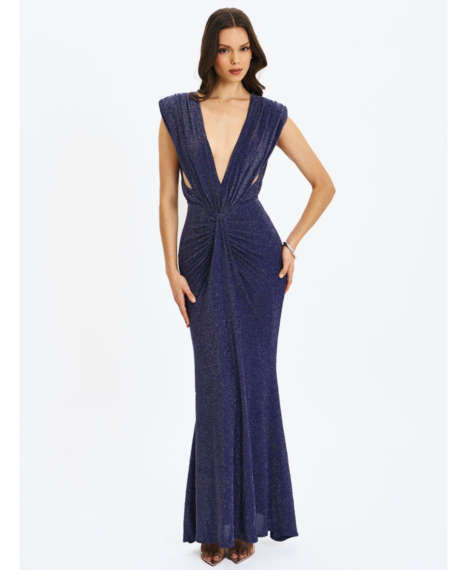 Miss Circle Women's Terri Sparkle Plunging Backless Maxi Dress