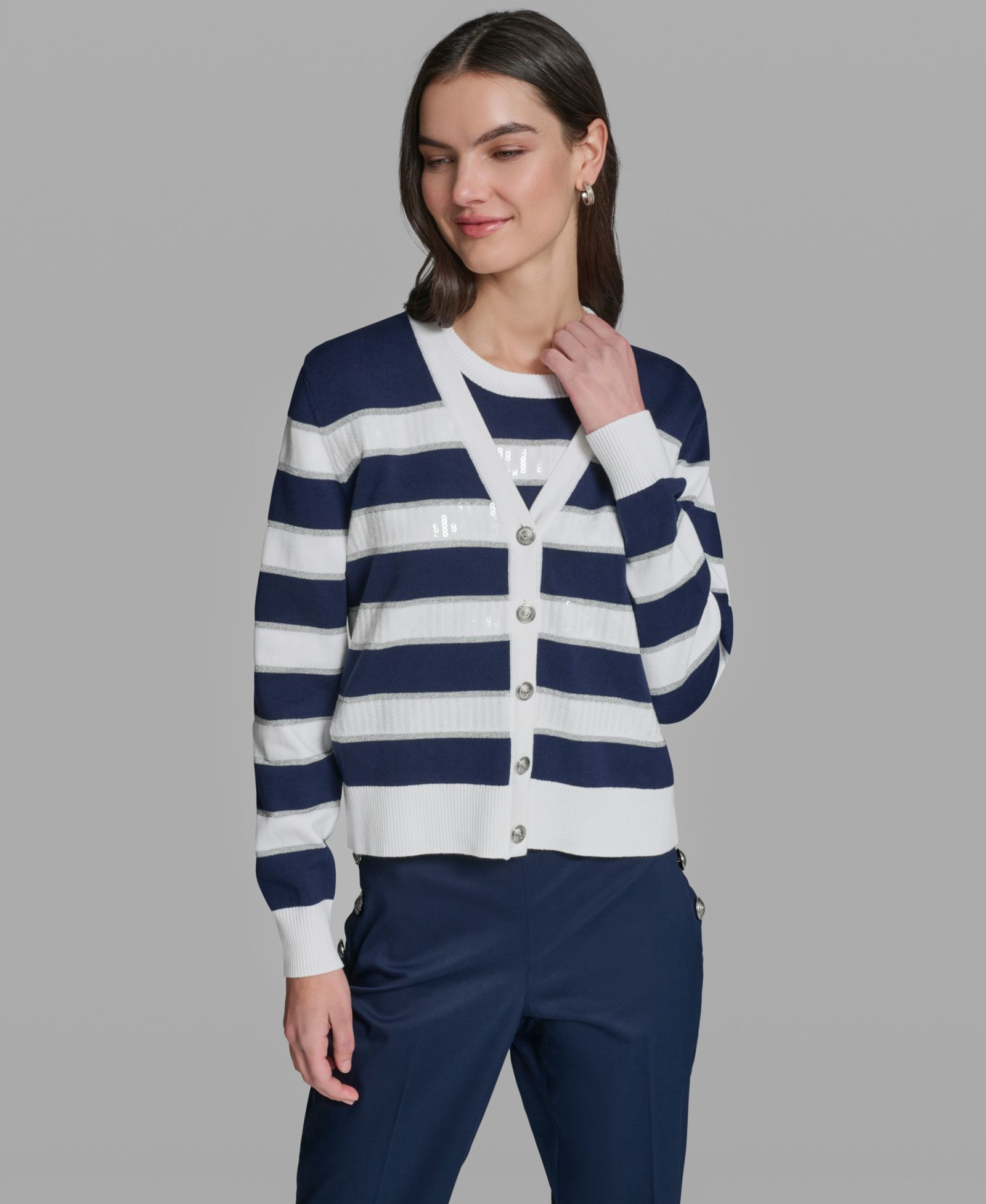 KARL LAGERFELD PARIS Women's Long-Sleeve V-Neck Sequin Striped Cardigan