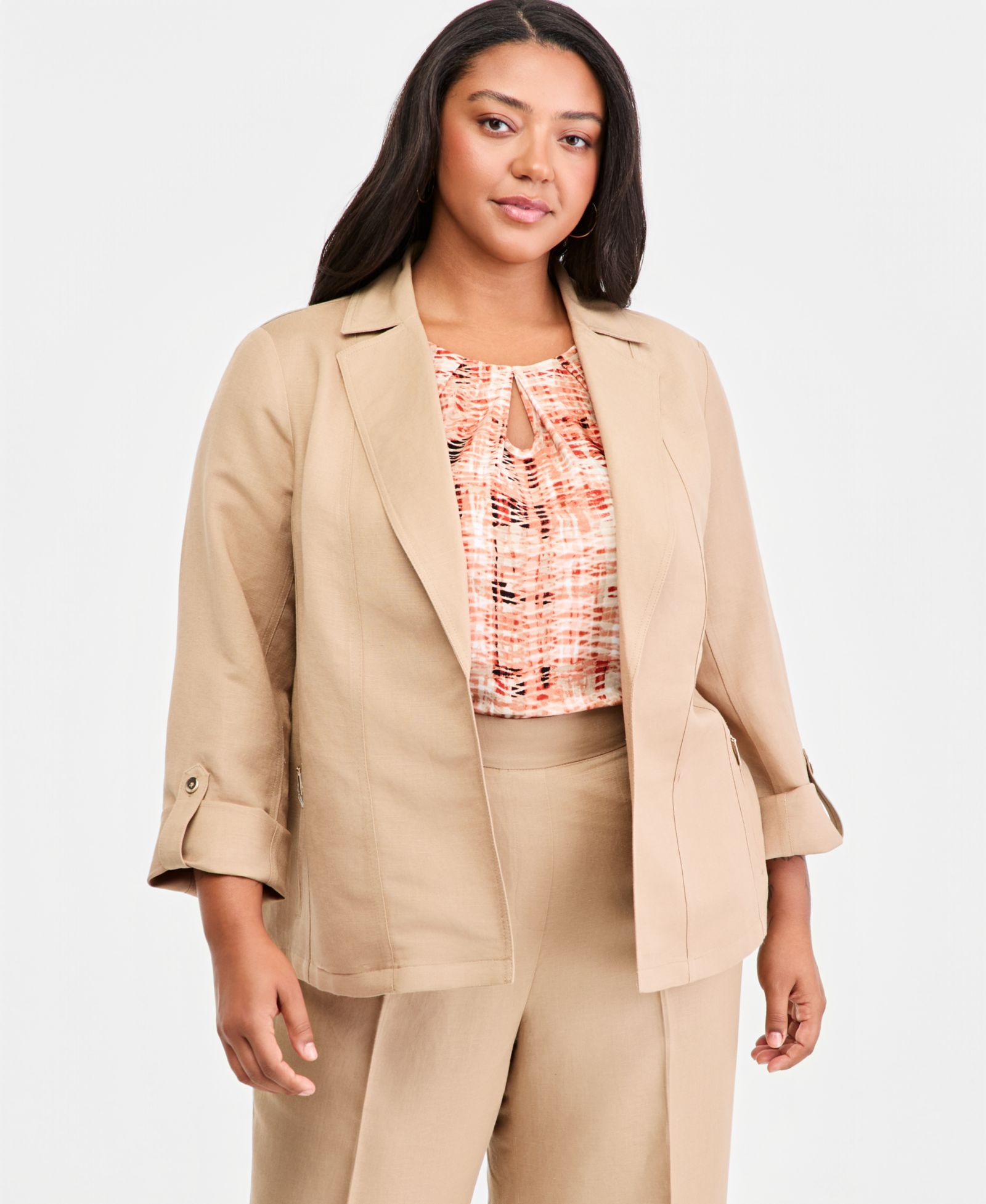 Kasper Plus Size льняной блейзер с открытым передом и рукавами с манжетами