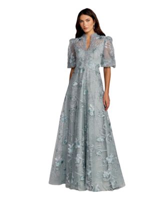 Mac Duggal Petite Embroidered Queen Anne Puff Sleeve A Line Gown