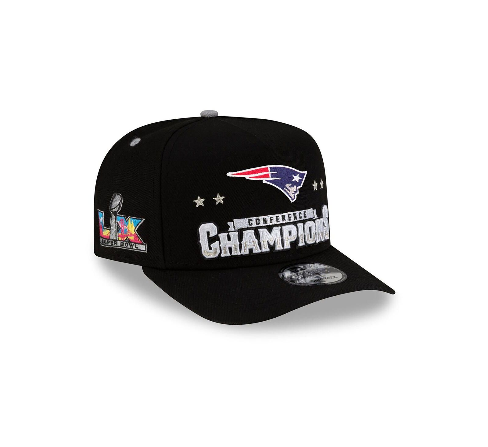 New Era Men's Black New England Patriots 2025 AFC Champions Locker Room Trophy Collection A-Frame 9FIFTY Snapback Hat