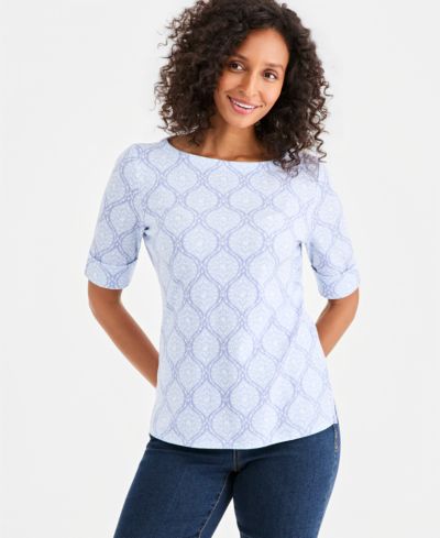 Style & Co Petite Printed Boat-Neck Elbow-Sleeve Top, Macy's Exclusive