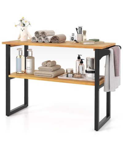 Volenca 2-Tier Solid Teak Wood Bathroom Shelf with Towel Rack