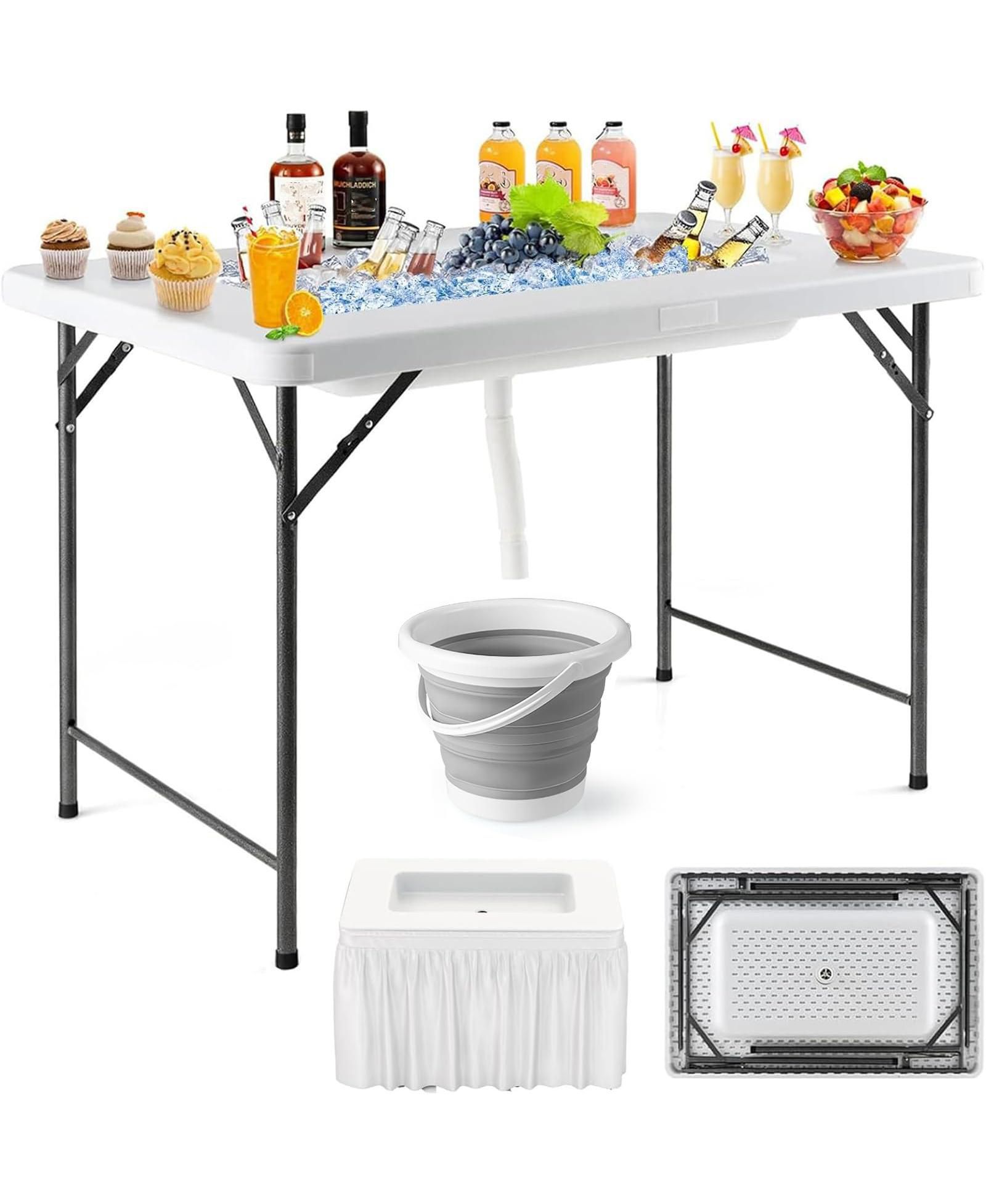 Mecale 4 ft Folding Ice Bin Table with Skirt and Ice Bucket for Camping, Picnic, Wedding