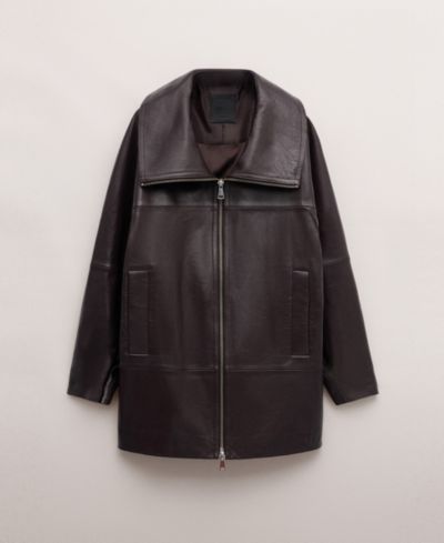 Mango Женское кожаное пальто Oversized с воротником-стойкой