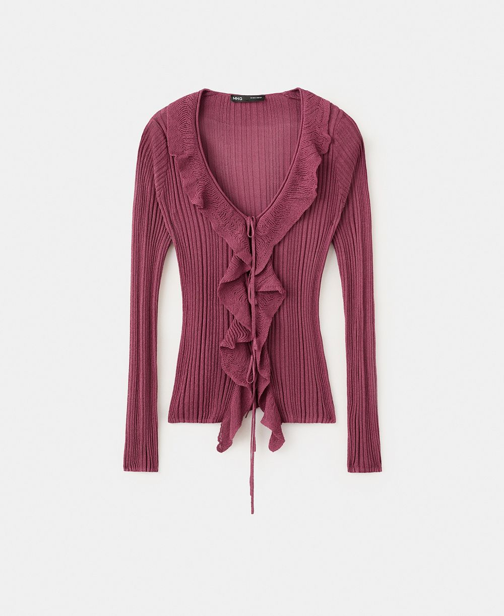 Mango Women's Ruffled Detail Textured Knit Cardigan Sweater