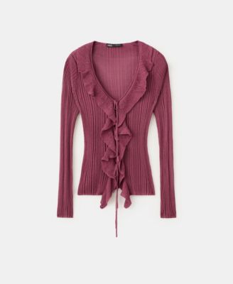 Mango Women's Ruffled Detail Textured Knit Cardigan Sweater