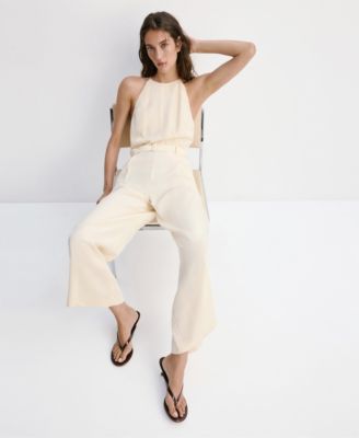 Mango Women's Wide-Leg Sleeveless Belt Detail Halter Jumpsuit