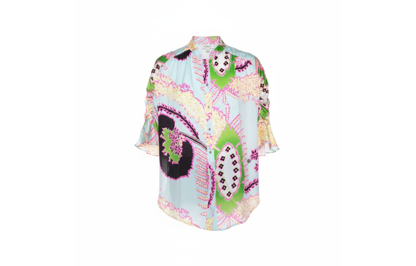 Pre-Owned Roberto Cavalli Women's Multicolor Abstract Printed Silk Ruffle Sleeve Blouse