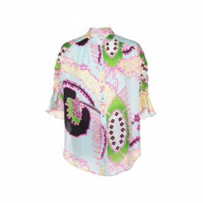 Pre-Owned Roberto Cavalli Women's Multicolor Abstract Printed Silk Ruffle Sleeve Blouse