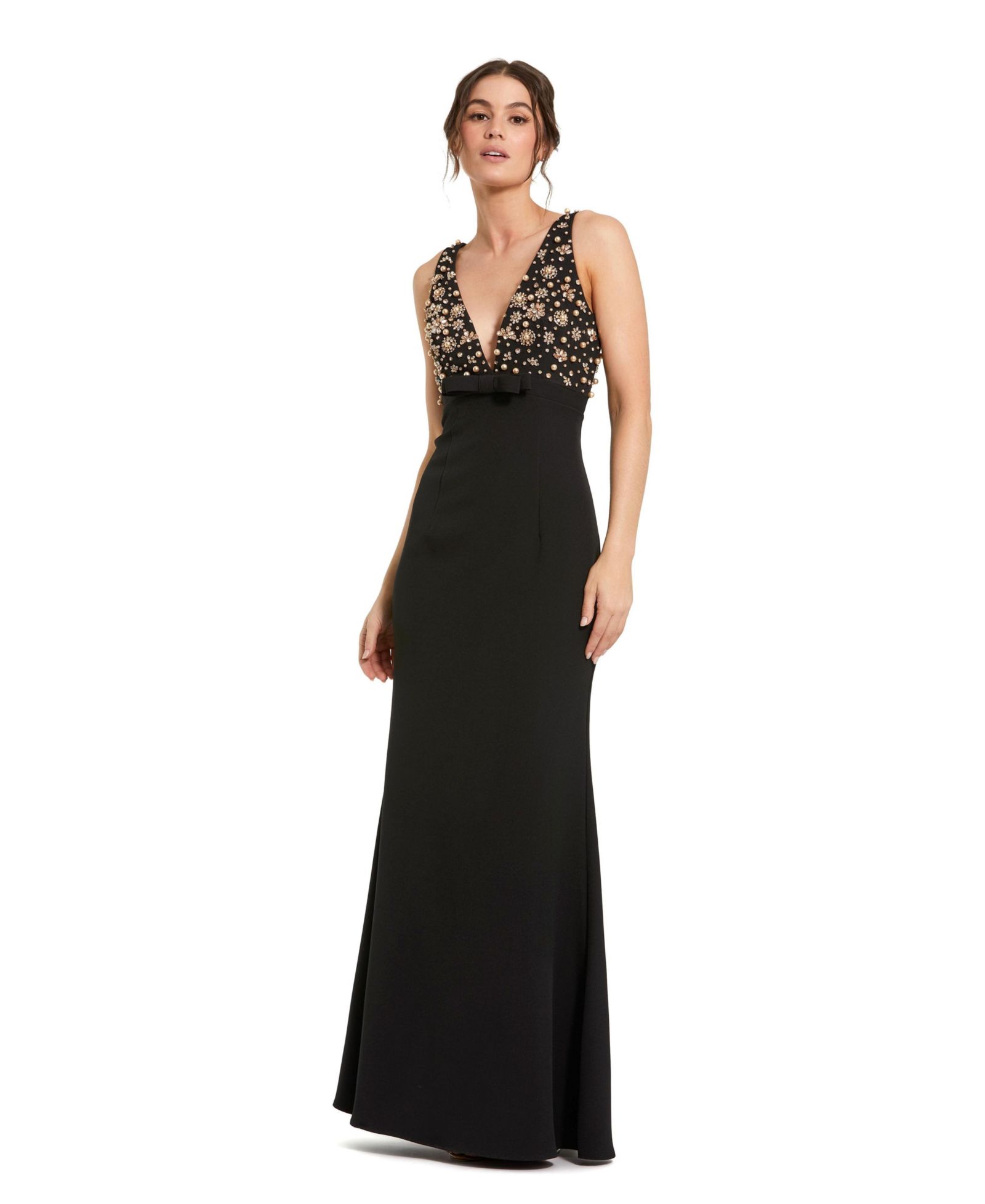 Платье вечернее Mac Duggal Petite Crepe без рукавов с бисером и бантом