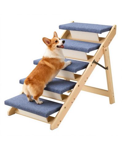 COZITO 5-Step Wooden Pet Stairs for Bed, Sofa, or Car, Foldable Flat Design, 150 lb Capacity