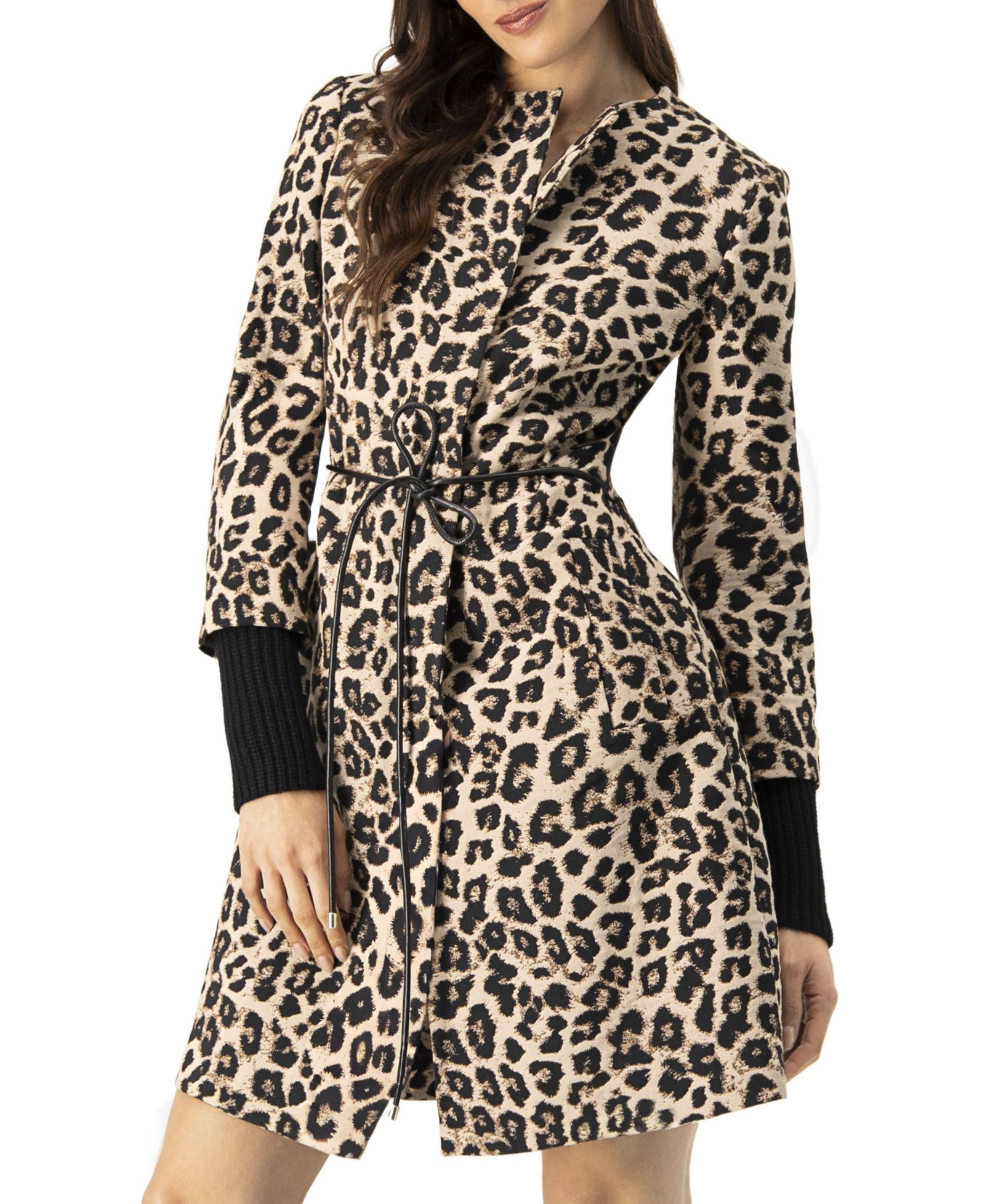 Ivonne Women's Ribbed-Cuff Long Animal Print Coat