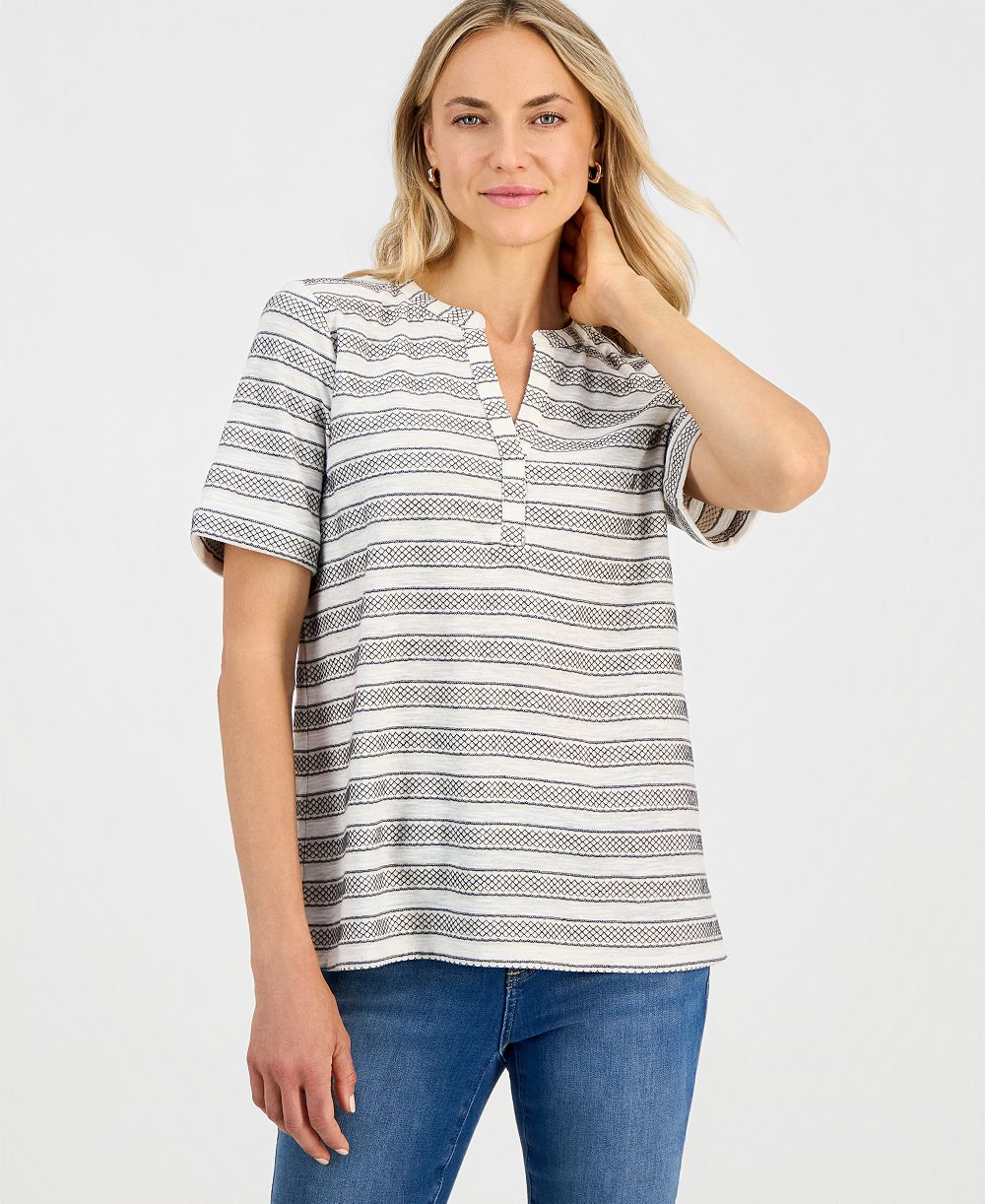 Style & Co Petite Striped Split-Neck Short-Sleeve Top, Macy's Exclusive