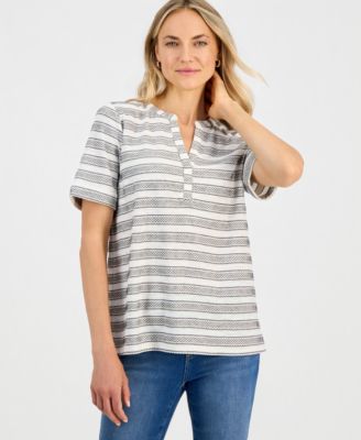Style & Co Petite Striped Split-Neck Short-Sleeve Top, Macy's Exclusive